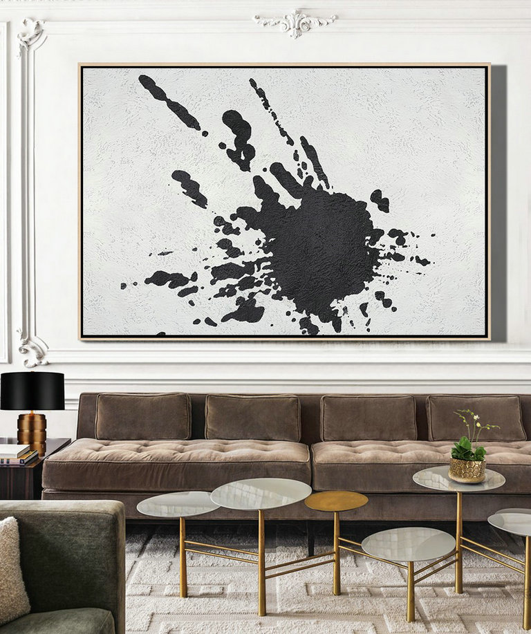 Large Living Room Decor,Oversized Horizontal Minimalist Splash Art On Canvas, Black And White Minimalist Painting - Modern Art Abstract Painting